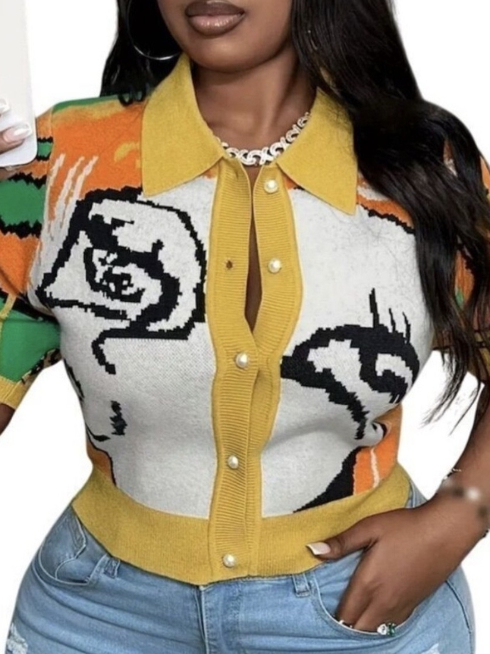 SHEIN Yellow Button-Front Floral Graphic Knit Top